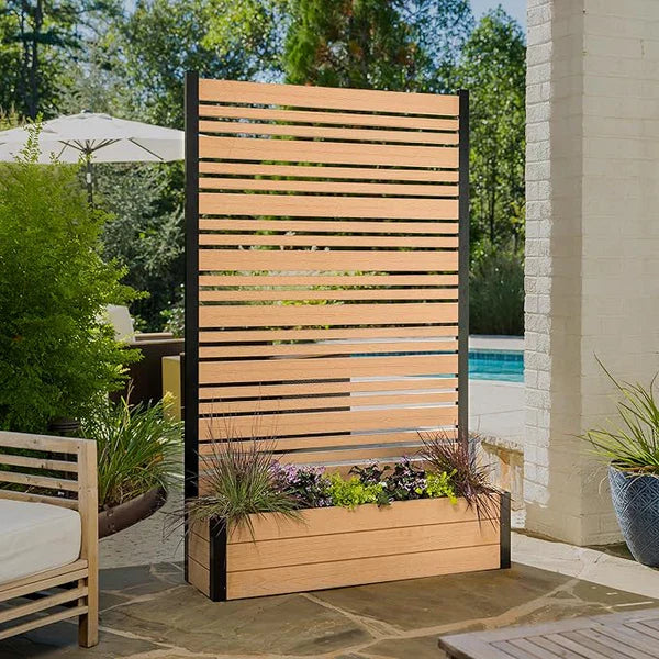 Freestanding Cedar Color Patio Privacy Screen with Planter Box, Privacy Planters for Patio, Privacy Wall Outdoor Privacy Screen