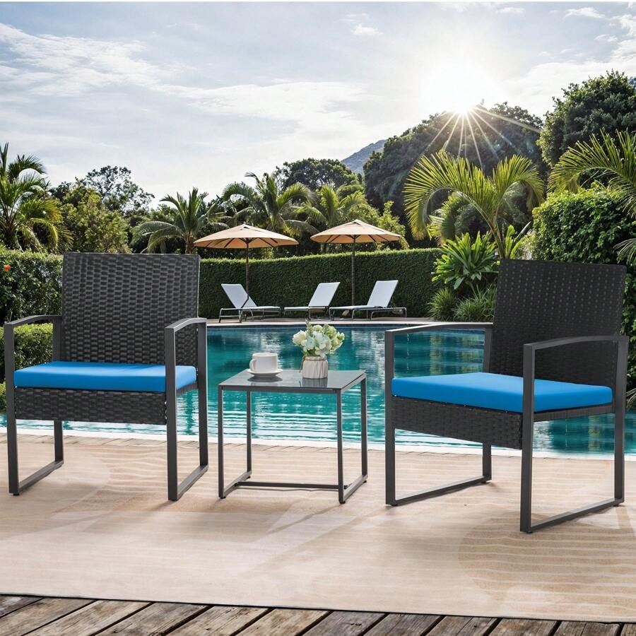 3 Pieces Patio Bistro Set, Wicker Outdoor Patio Furniture Set, Modern Rattan Patio Chairs With Coffee Table, Patio Conversation Sets For Balcony, Front Porch, Garden, Poolside