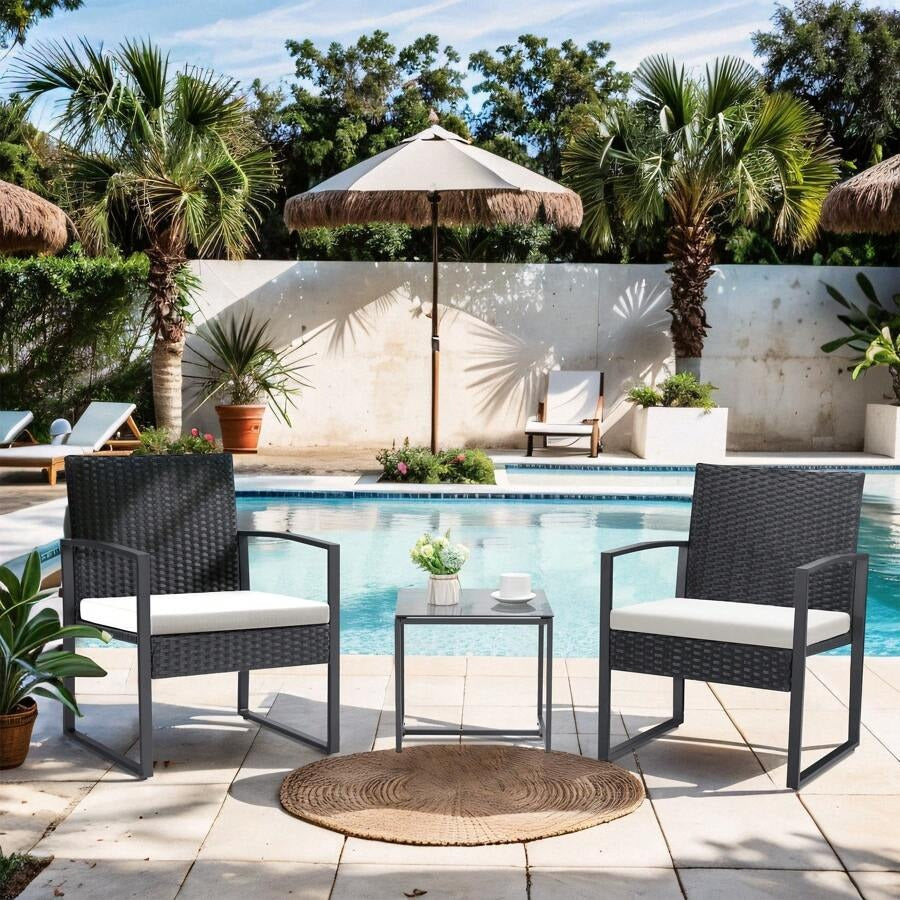 3 Pieces Patio Bistro Set, Wicker Outdoor Patio Furniture Set, Modern Rattan Patio Chairs With Coffee Table, Patio Conversation Sets For Balcony, Front Porch, Garden, Poolside