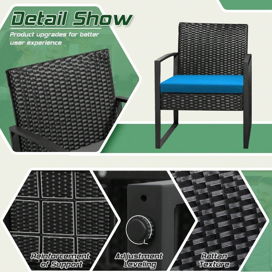 3 Pieces Patio Bistro Set, Wicker Outdoor Patio Furniture Set, Modern Rattan Patio Chairs With Coffee Table, Patio Conversation Sets For Balcony, Front Porch, Garden, Poolside