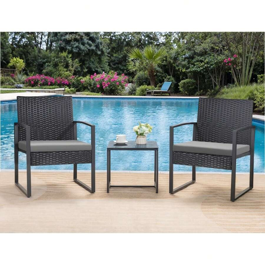 3 Pieces Patio Bistro Set, Wicker Outdoor Patio Furniture Set, Modern Rattan Patio Chairs With Coffee Table, Patio Conversation Sets For Balcony, Front Porch, Garden, Poolside