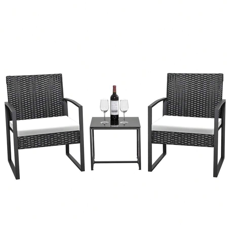 3 Pieces Patio Bistro Set, Wicker Outdoor Patio Furniture Set, Modern Rattan Patio Chairs With Coffee Table, Patio Conversation Sets For Balcony, Front Porch, Garden, Poolside