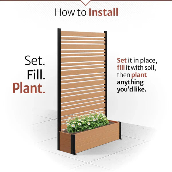 Freestanding Cedar Color Patio Privacy Screen with Planter Box, Privacy Planters for Patio, Privacy Wall Outdoor Privacy Screen