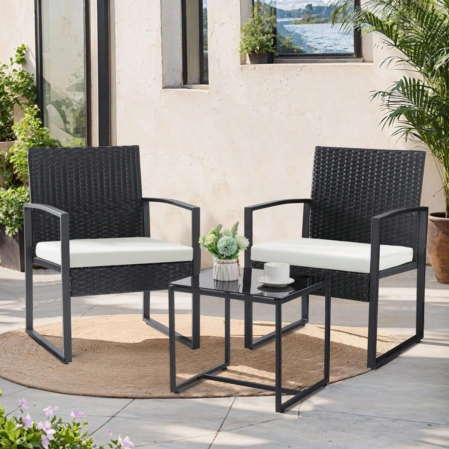 3 Pieces Patio Bistro Set, Wicker Outdoor Patio Furniture Set, Modern Rattan Patio Chairs With Coffee Table, Patio Conversation Sets For Balcony, Front Porch, Garden, Poolside