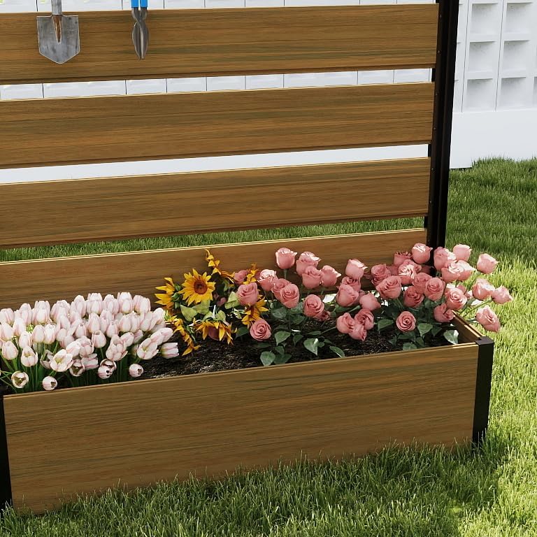 Freestanding Cedar Color Patio Privacy Screen with Planter Box, Privacy Planters for Patio, Privacy Wall Outdoor Privacy Screen