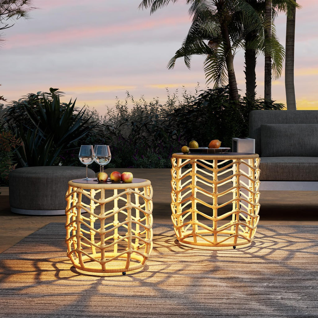 Boho Solar Nesting Tables with Built-in Lights - Set of 2