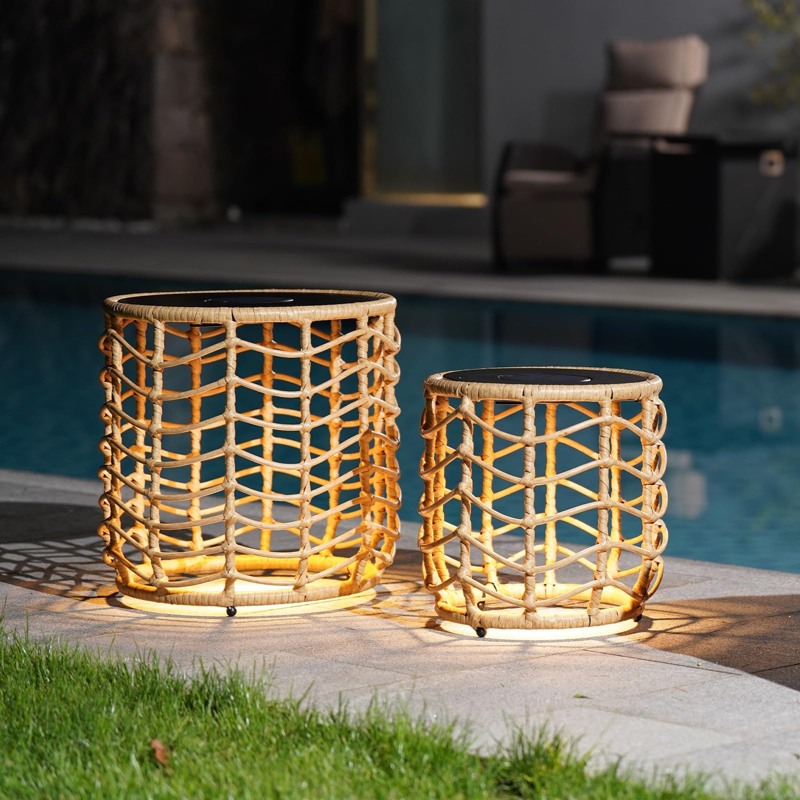 Boho Solar Nesting Tables with Built-in Lights - Set of 2